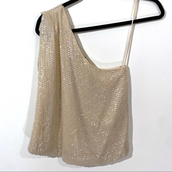 Alice + Olivia Sasha One Shoulder Sequin Neutral Cream Silk Top Small - Picture 2 of 6